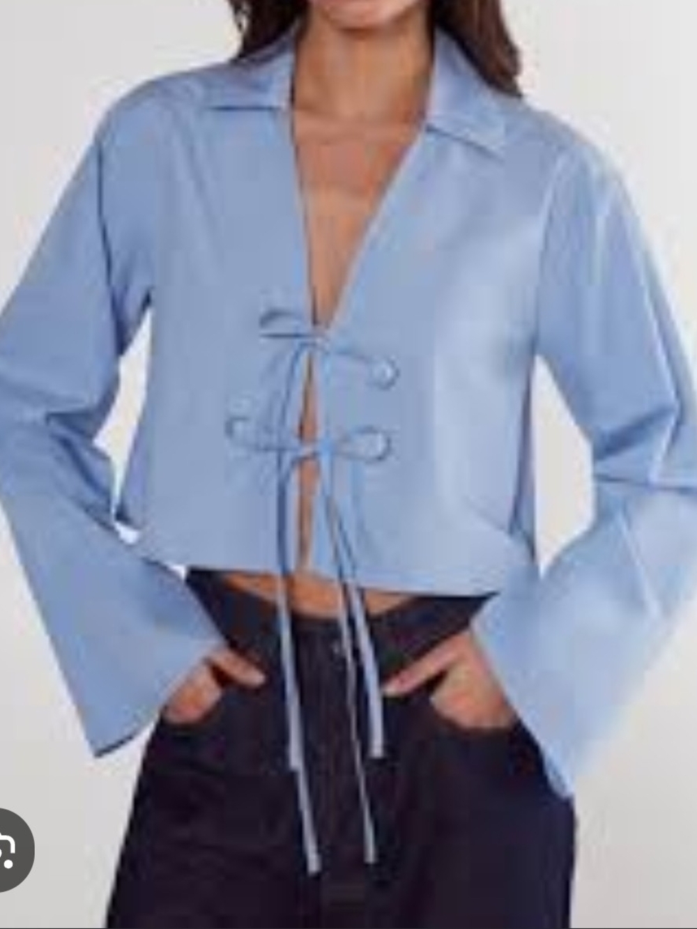 Nasty Gal Powder Blue Tie-Front Cropped Wide Cuff Collared Top